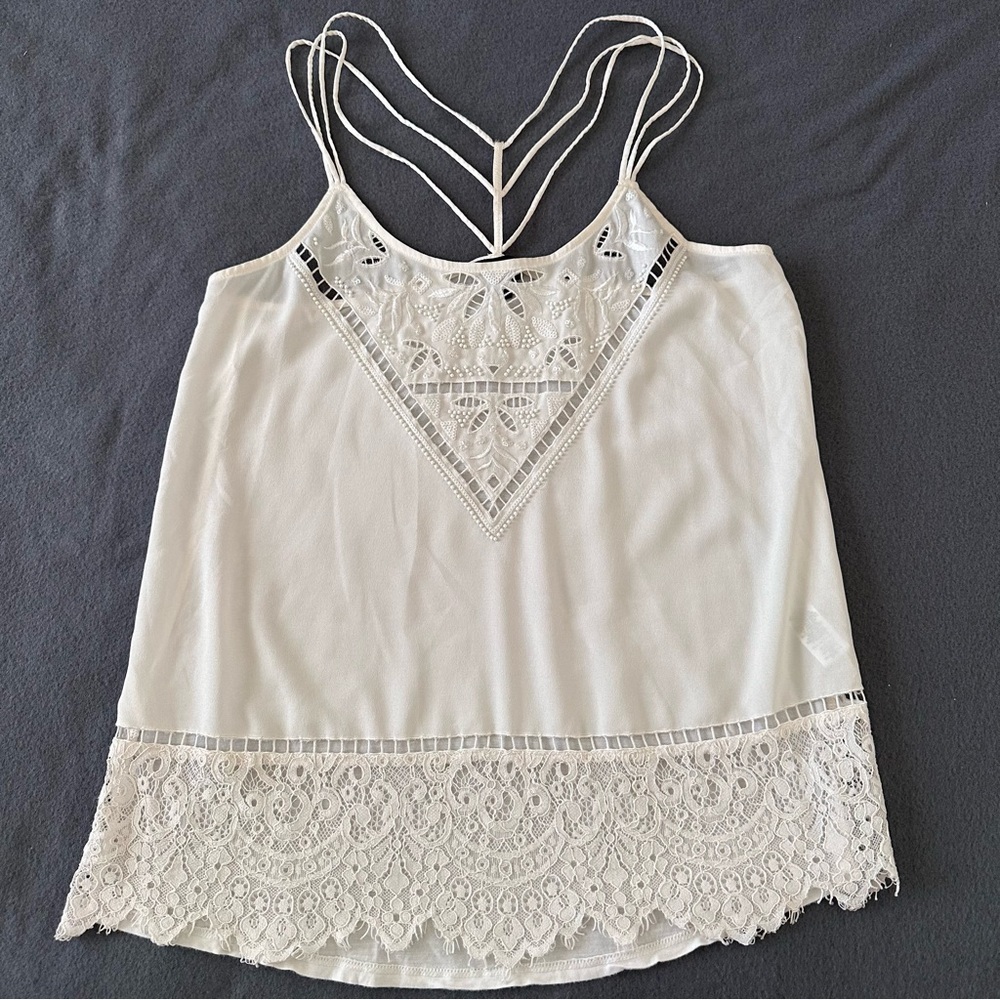 Express Womens White Beaded Lace Trim Cami Top Flowy Soft Size S - Picture 3 of 10